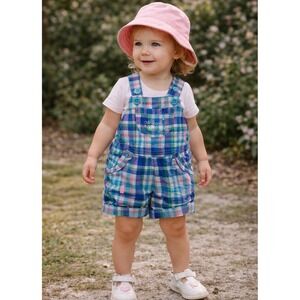 Vintage Osh Kosh pink & blue plaid short alls overalls for baby girl size 3 M